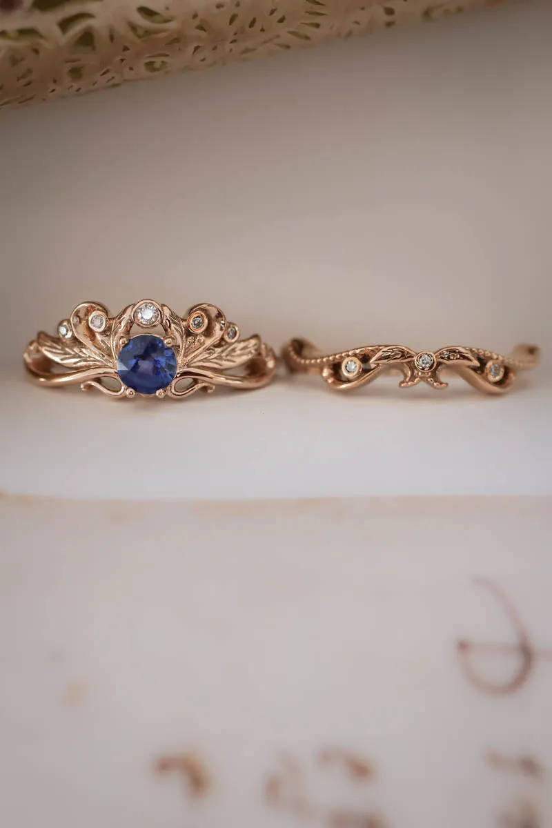 Vintage style bridal ring set with blue sapphire / Damariss