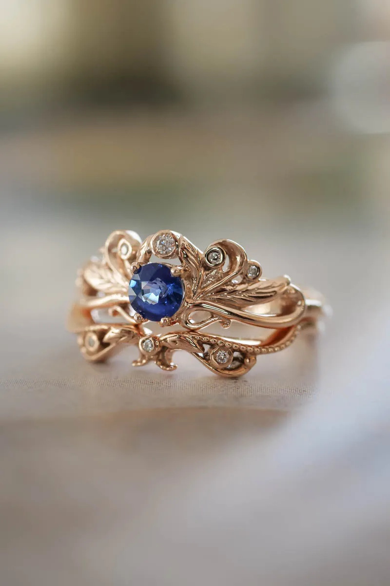 Vintage style bridal ring set with blue sapphire / Damariss