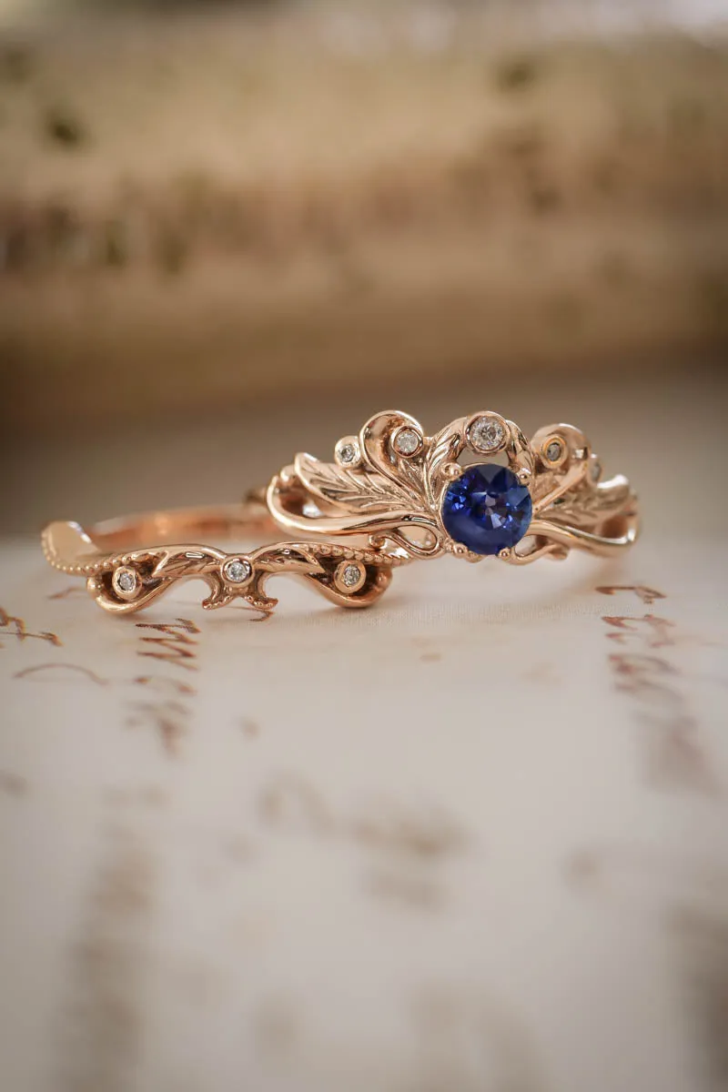 Vintage style bridal ring set with blue sapphire / Damariss