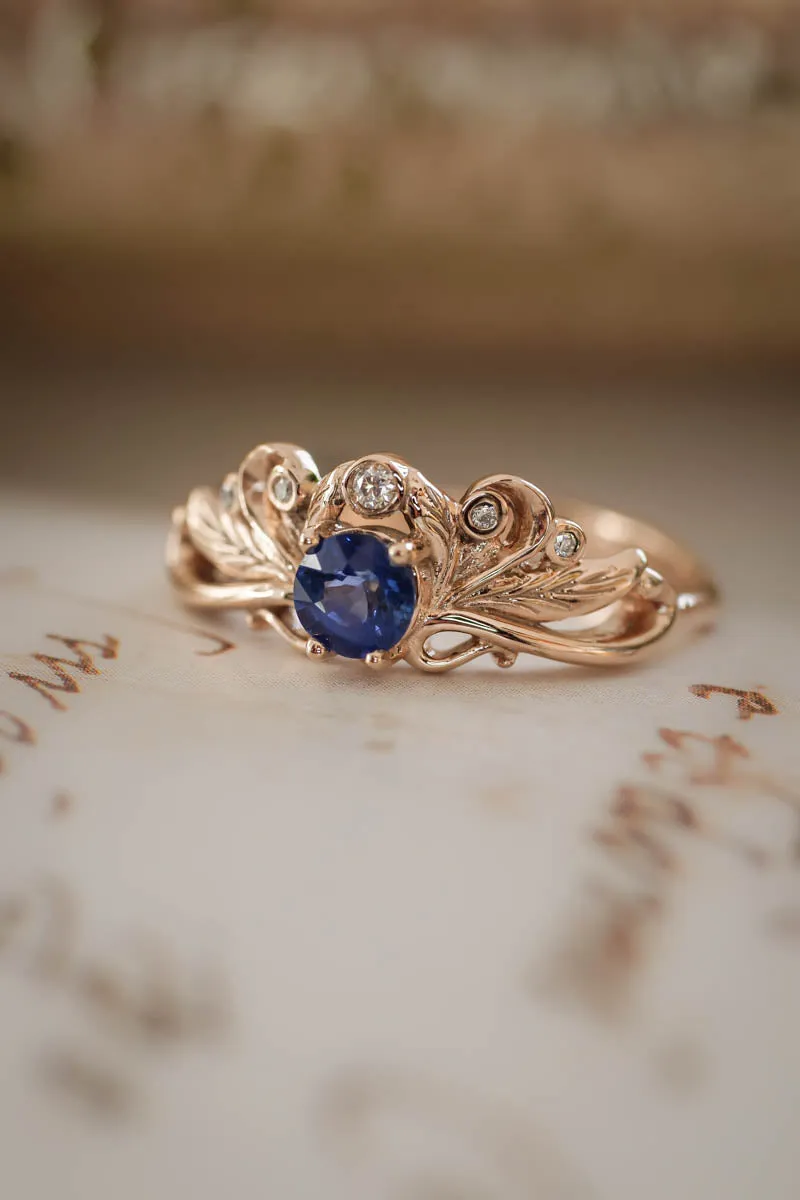 Vintage style bridal ring set with blue sapphire / Damariss