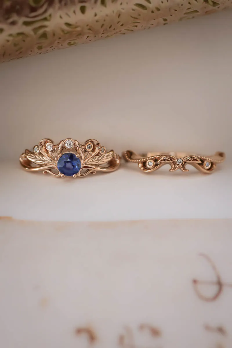 Vintage style bridal ring set with blue sapphire / Damariss