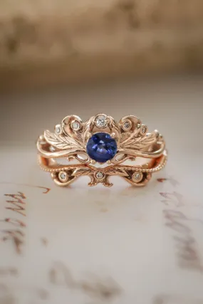 Vintage style bridal ring set with blue sapphire / Damariss