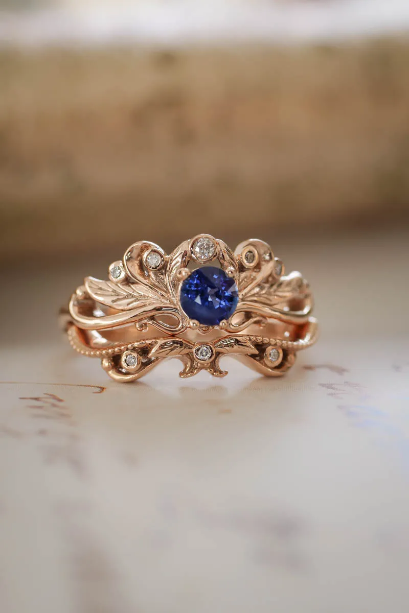 Vintage style bridal ring set with blue sapphire / Damariss