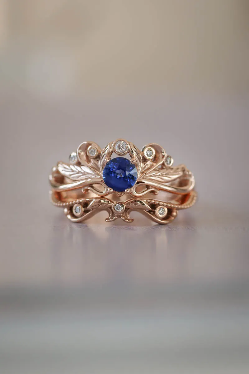 Vintage style bridal ring set with blue sapphire / Damariss