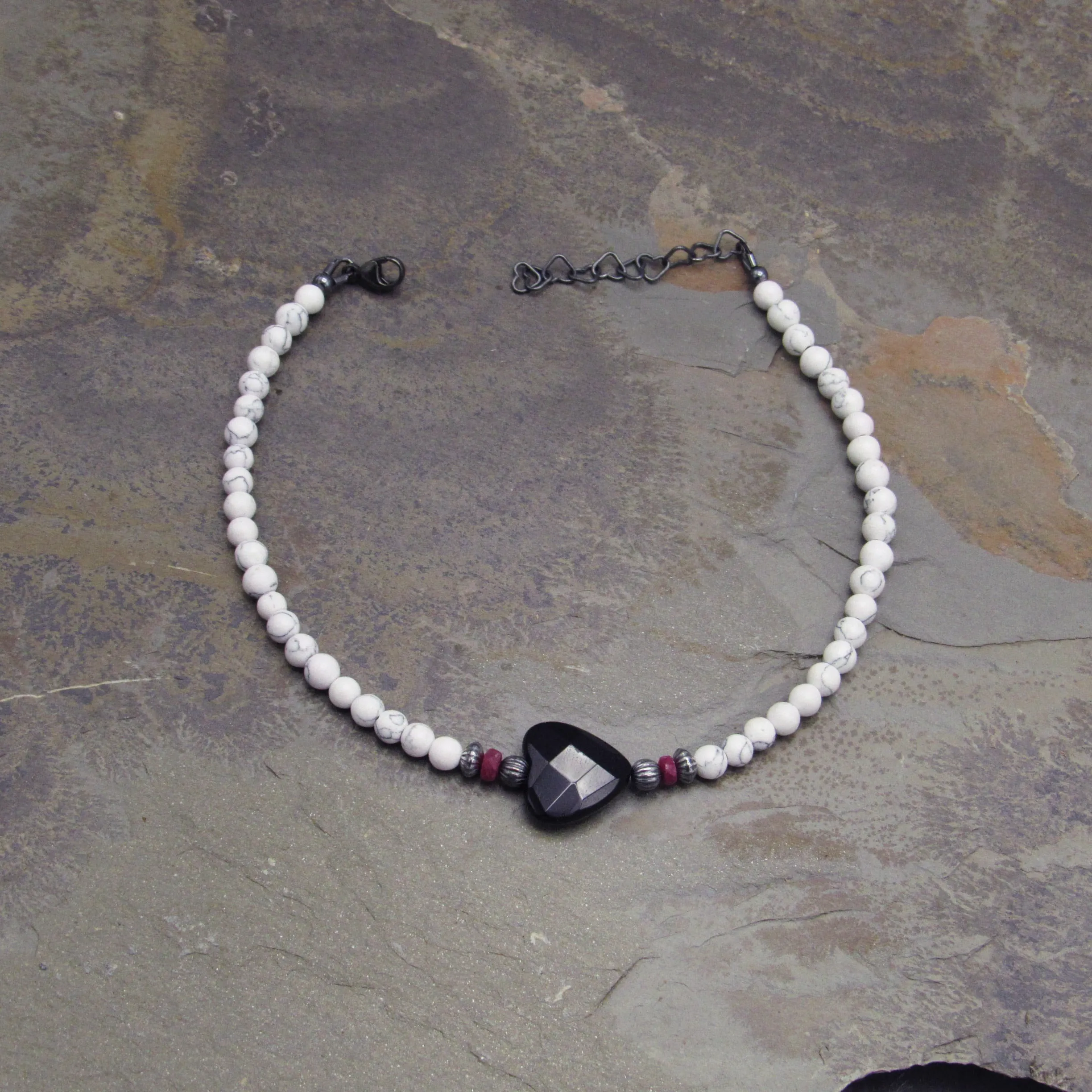 White Turquoise anklet with Onyx Heart, Rubies, and Oxidized Sterling Silver