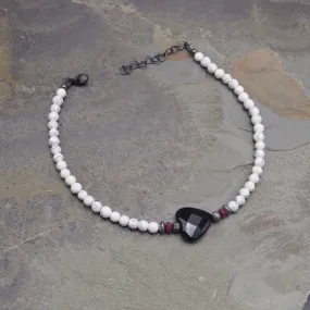 White Turquoise anklet with Onyx Heart, Rubies, and Oxidized Sterling Silver