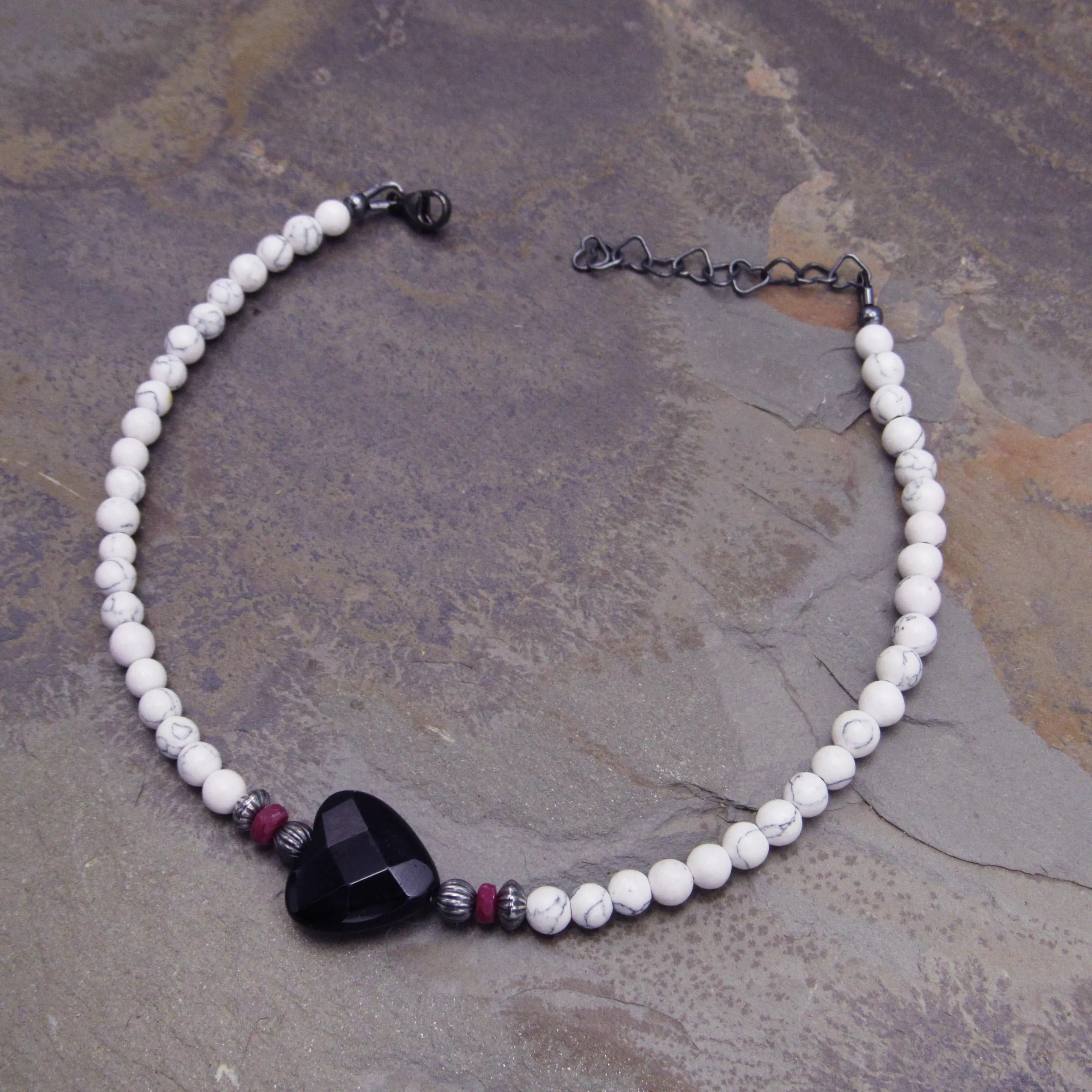 White Turquoise anklet with Onyx Heart, Rubies, and Oxidized Sterling Silver